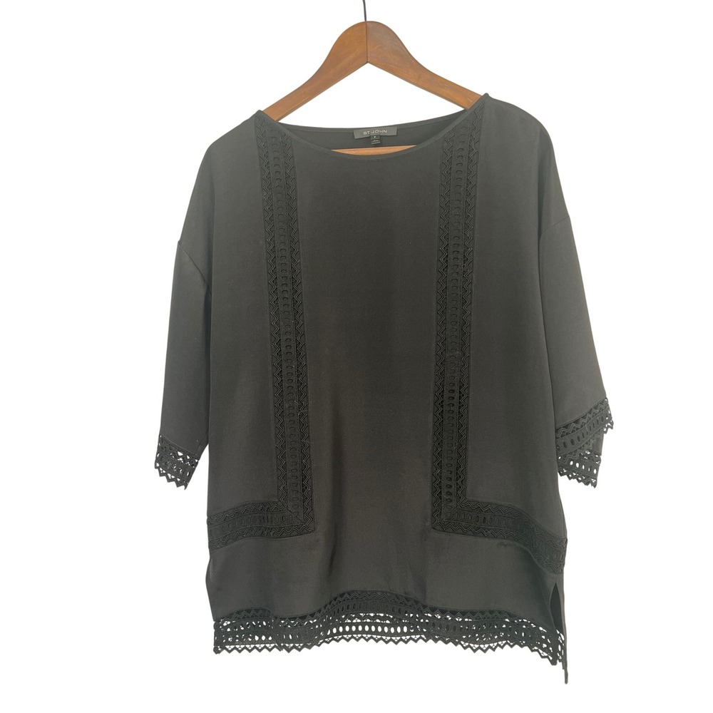 St. John Black Silk Lace Trim Boat Neck Blouse Top Petite Quiet Luxury Old Money